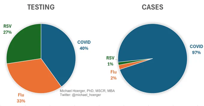 Two pie graphs

Testing
RSV = 27%
Flu = 33%
Covid = 40%

Cases
RSV = 1%
Flu = 2%
COVID = 97%

Raw data:
	       COVID     Flu        RSV
Tests	65557	53370	44855
Cases	10948	235	157
