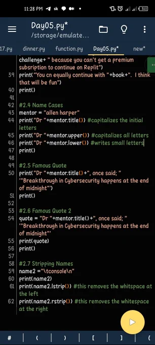 Chapter 2 - Variables & Simple Data Types

Day 05 of #100DaysofPythonCoding
