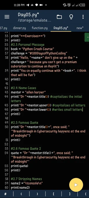 Day 05 of #100DaysofPythonCoding

Learning from the book, Python Crash Course!☺️