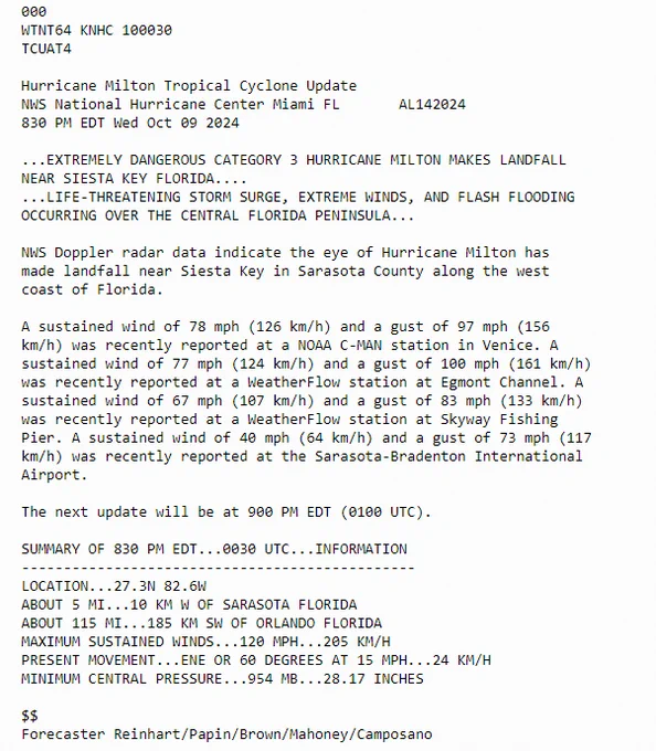 The National Hurricane Center Reports Major Hurricane Milton made landfall near Siesta Key, just south of Sarasota FL at 830 pm EDT. 
