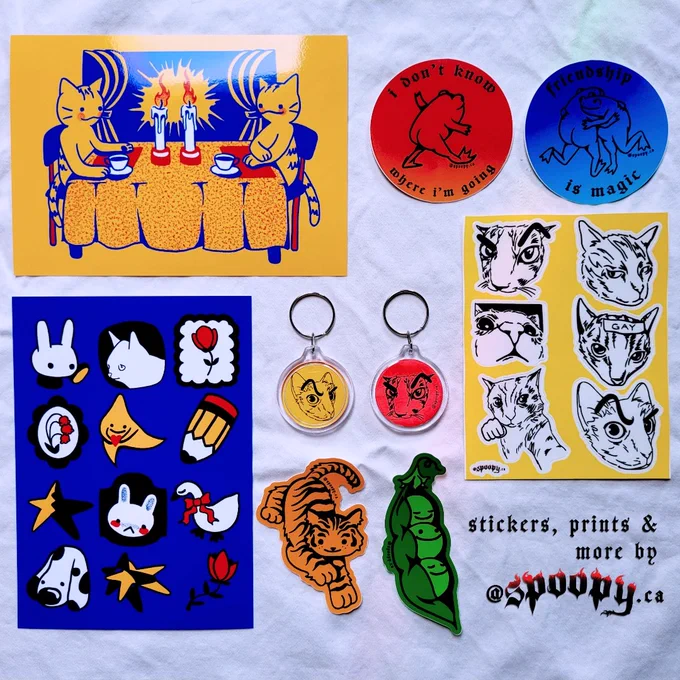 art prints and stickers by spoopy feature bold colours and designs. many cats and frogs! 
