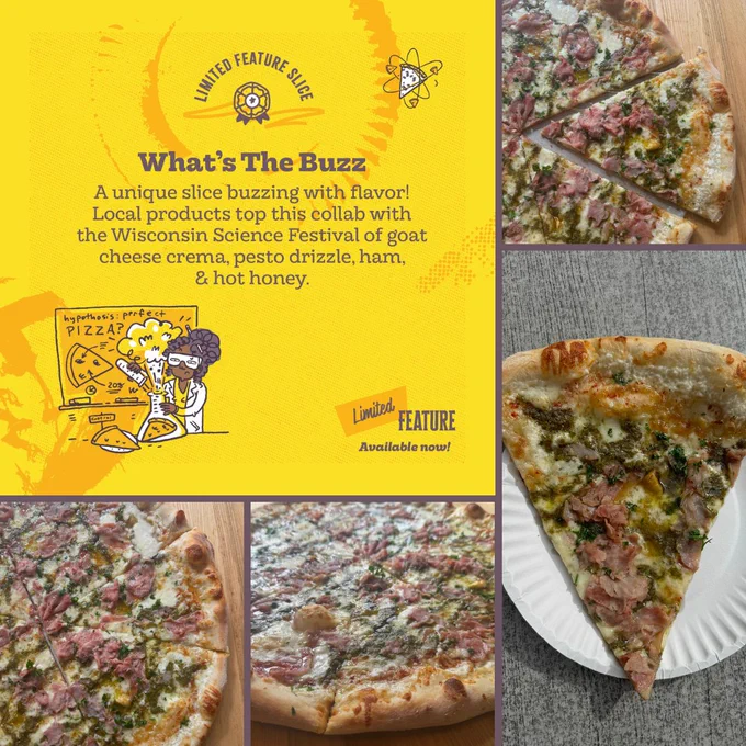 Four pictures of the "What's the Buzz" special this week. Goat cheese crema, mozzarella, pesto, ham, and topped with honey.