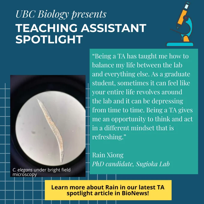 “Being a TA has taught me how to balance my life between the lab and everything else. As a graduate student, sometimes it can feel like your entire life revolves around the lab and it can be depressing from time to time. Being a TA gives me an opportunity to think and act in a different mindset that is refreshing.”



Rain Xiong

PhD candidate, Sugioka Lab


