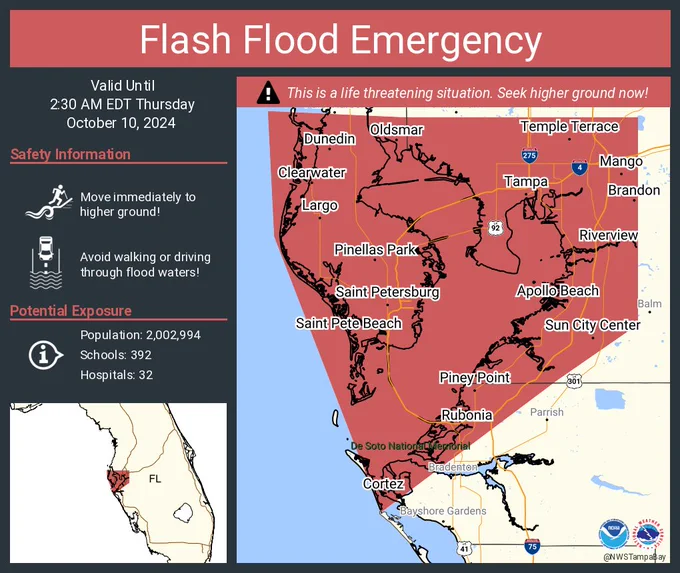 This graphic displays a flash flood emergency plotted on a map. The warning is in effect until 2:30 AM EDT. The warning includes Tampa FL, Saint Petersburg FL and Clearwater FL.  This warning is for Central Hillsborough County in west central Florida, Northern Manatee County in west central Florida and Southeastern Pinellas County in west central Florida. Avoid walking or driving through flood waters! Move immediately to higher ground! There are 2,002,994 people in the warning along with 392 schools and 32 hospitals.