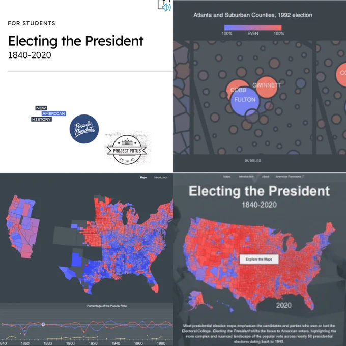 Learning resources for UR DSL map, Electing the President, in collaboration with the Periodic Presidents and Project POTUS at the Benjamin Harrison Presidential Historic Site. Maps showing popular vote, voting by population density and the homepage.