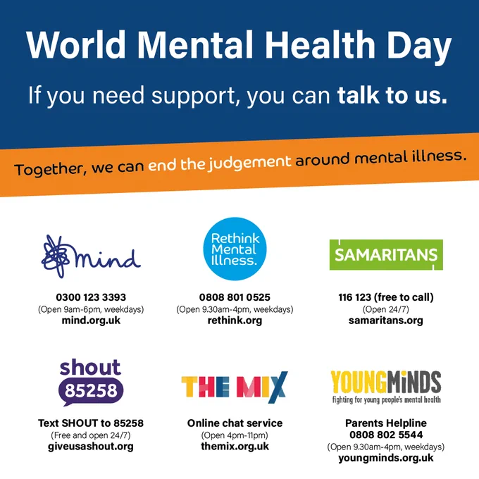 Promotional image for mental health support featuring contact information and logos for Mind, Rethink Mental Illness, The Mix, and Samaritans. It includes phone numbers and availability times for each organization, a text support option, and online chat service details, emphasizing support for mental illness and ending judgment around it.

Here are the numbers: 
Mind - 0300 123 3393, Mind.org.uk
Rethink Mental Illness - 0808 801 0525, rethink.org
Samaritans - 116 123, samaritans.org
Shout - Text SHOUT to 85258, giveusashout.org
The Mix - Online chat service, themix.org.uk
YoungMinds - Parents Helpline 0808 802 5544, youngminds.org.uk