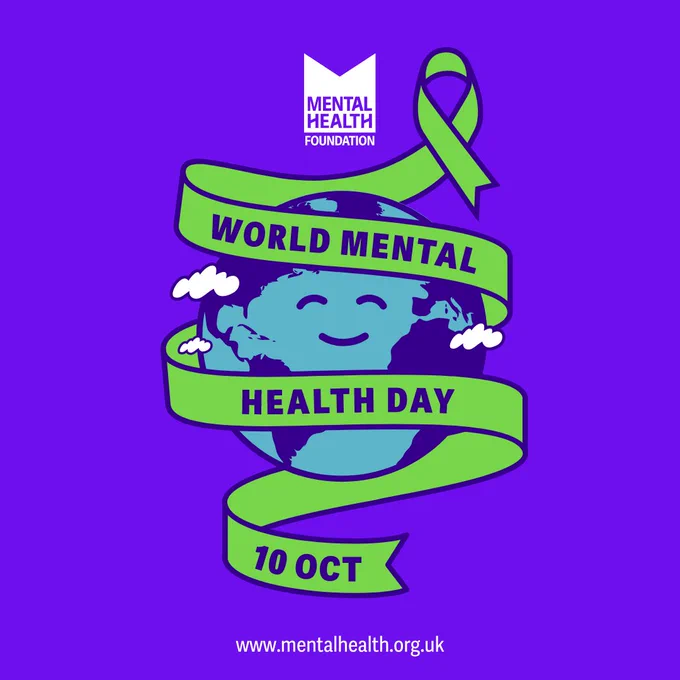 Drawing of a globe with a smiling face. A green ribbon is wrapped around it, with the text: “World Mental Health Day Oct 10”. Above the drawing is the MHF logo. Below is the text: www.mentalhealth.org.uk 