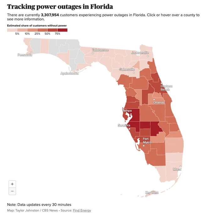 Florida county map showing the estimated share of customers without power with data from FindEnergy.com