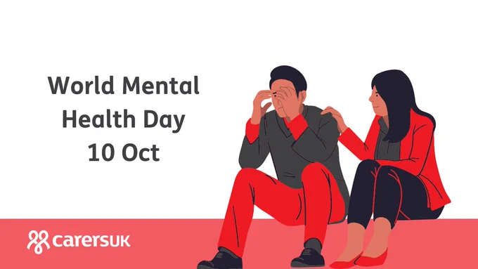 Graphic of woman comforting man who looks distressed
Text reads: World Mental Health Day 10 Oct