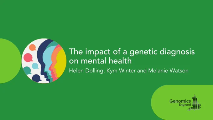 The title of the podcast: The impact of a genetic diagnosis on mental health. And the names of the guests on the podcast: Helen Dolling, Kym Winter and Melanie Watson.