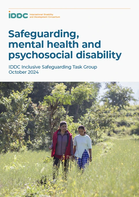 Cover page of the report including a picture from CBM Australia of two women walking together through a sunny field, in a green countryside in Nepal.