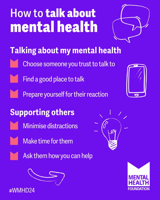 Graphic with text: Title: "How to talk about mental health.". Subtitle: "Talking about my mental health". Bullet points: "Choose someone you trust to talk to; Find a good place to talk; Prepare yourself for their reaction.". Subtitle: "Supporting others". Bullet points: "Minimise distractions; Make time for them; Ask them how you can help". In small text: "#WMHD24. Mental Health Foundation logo. 