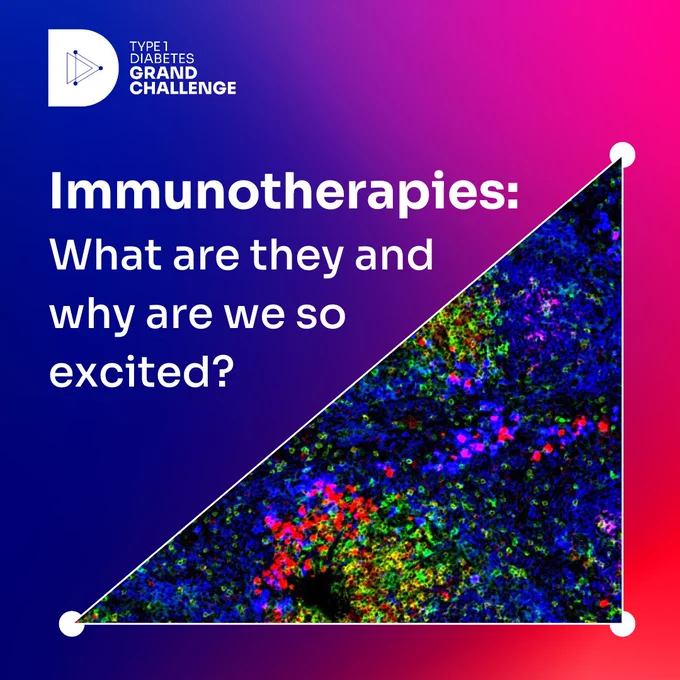 A blue to pink gradient graphic featuring the Type 1 Diabetes Grand Challenge logo, a colorful microscopic image of immune cells in a triangle frame with white text reading: 'Immunotherapies: What are they and why are we so excited?'