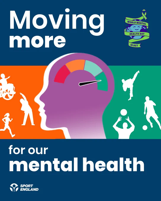 Promotional poster for World Mental Health Day titled "Moving More for Our Mental Health," featuring a colorful silhouette of a head with a brain activity meter, surrounded by various sport icons. Logos of Sport England and World Health Day are visible.