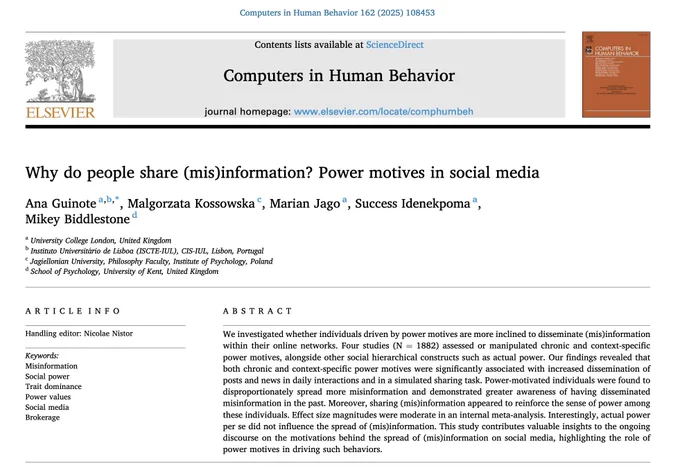 Landing page for our article "Why do people share (mis)information? Power motives in social media" in Computers in Human Behavior