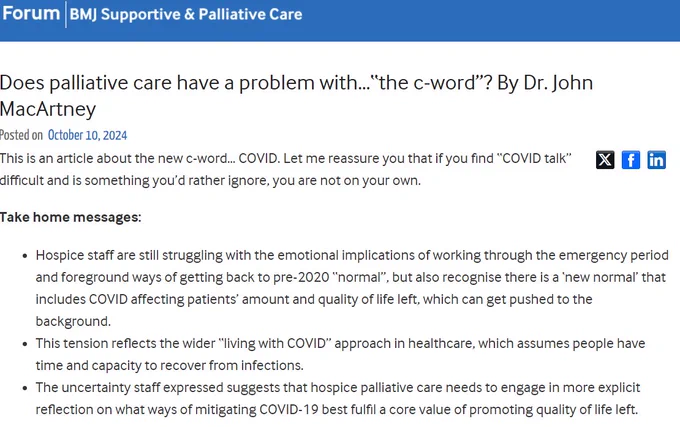 Screenshot of blog titled "Does palliative care have a problem with…'the c-word'?" with take home messages:
(1) Hospice staff are still struggling with the emotional implications of working through the emergency period and foreground ways of getting back to pre-2020 “normal”, but also recognise there is a ‘new normal’ that includes COVID affecting patients’ amount and quality of life left, which can get pushed to the background.
(2) This tension reflects the wider “living with COVID” approach in healthcare, which assumes people have time and capacity to recover from infections.
(3) The uncertainty staff expressed suggests that hospice palliative care needs to engage in more explicit reflection on what ways of mitigating COVID-19 best fulfil a core value of promoting quality of life left.