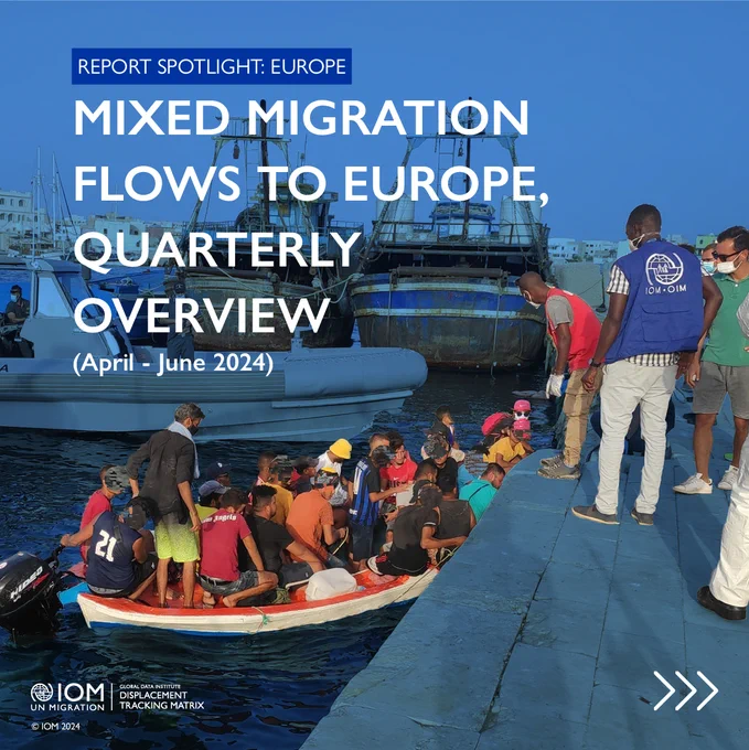 A group of people are on an inflatable boat near a dock. Several individuals, wearing life jackets, are helping some passengers disembark. The scene is set against a backdrop of larger boats. The text overlay reads 'Report Spotlight: Europe, Mixed Migration Flows to Europe, Quarterly Overview (April - June 2024).' A logo at the bottom left includes IOM UN Migration, Global Data Institute and Displacement Tracking Matrix.