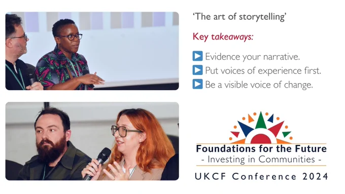 Session ‘The art of storytelling’ photo of speakers with text:

Key takeaways:

▶️ Evidence your narrative.
▶️ Put voices of experience first.
▶️ Be a visible voice of change.