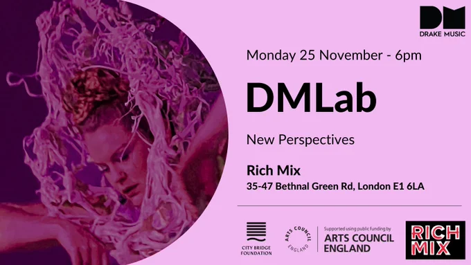 Flyer for DMLab London on a pink background. Main feature is an image of Lou Barnell performing. Lou is wearing a nest-like collar of white melted plastic threads. Her arms are raised by her face. Her hair is combed back into a tight plaited bun. The background is pink.  
