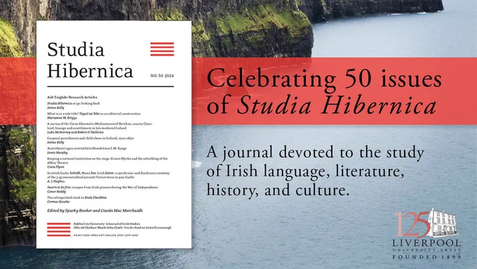 The latest issue of Studia Hibernica (issue 50) on a backdrop of the Irish Sea with the LUP logo and a red title banner. 