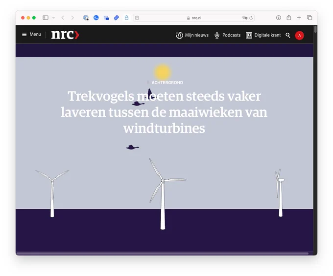 Screenshot of the header image of the NRC article, showing wind turbines and birds flying through them.