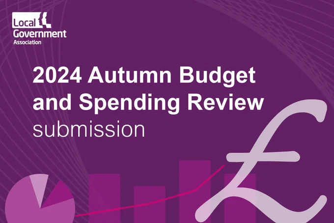A stylised graphic of a British Pound sign, a pie chart, a line graph, and a bar chart on a purple background. White text reads 2024 Autumn Budget and Spending Review submission. LGA logo is in top left corner. 