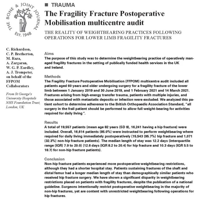 The Bone & Joint Journal. Abstract text for article titled 'The Fragility Fracture Postoperative Mobilisation multicentre audit'.