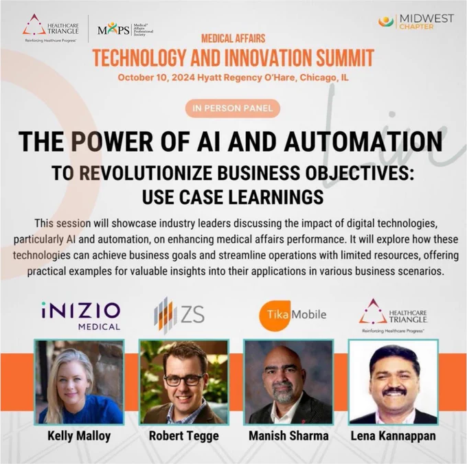 Join Lena Kannappan and other industry leaders at the MAPS Midwest Technology and Innovation Summit!

Discover emerging opportunities in healthcare startups at this exciting event on October 10, 2024, at The Hyatt Regency, Rosemont, IL. Lena Kannappan from Healthcare Triangle, Inc. will lead an insightful session on strategic partnerships and innovation in healthcare. Don’t miss this chance to explore how automation, AI, and cross-sector collaborations are transforming patient care and startup success.

Register now: https://lnkd.in/gNm9kQmq.

This summit provides a unique platform for entrepreneurs from tech and management sectors to connect with medical affairs professionals in pharma and medical devices. Learn from pioneers in the industry and gain valuable insights on revolutionizing healthcare through collaborative innovation. Let’s shape the future of healthcare together!
Looking forward to seeing you there!

#HealthcareTriangle #HealthcareStartups 