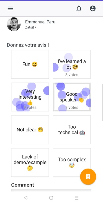 Screenshot de la page Open feedback tu talk avec des réactions positives 