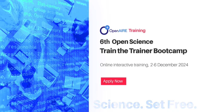 Are you ready for the 6th #OpenAIRE Train the Trainer Bootcamp? Save the date: 2-6 of December

Boost your #OpenScience expertise and become a certified #trainer! Join our immersive 5-day bootcamp to gain essential tools, strategies, and network with peers.