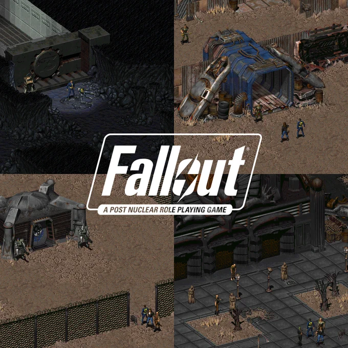 An image showing four screenshots from Fallout. 

One shows the Vault Dweller, wearing a blue Vault Jumpsuit, exiting Vault 13 inside a cave. There is a skeleton next to him and the cave is dotted with Giant Rats.

The next shows the entrance to Junktown. The Vault Dweller and Ian, a man with long hair wearing a black leather jacket, standing in-front of an archway made from derelict cars. Junktown Guards stand nearby.

The third shows the Brotherhood of Steel bunker entrance of Lost Hills. There is a chainlink fence around the bunker. Two Brotherhood Knights wearing Power Armor stand at the door. The Vault Dweller, Ian and Dogmeat stand in front.

The fourth image shows the Vault Dweller, Ian, Dogmeat, Tycho, and Katja standing outside a large cathedral. The cathedral has an art deco statue holding its arms out. In front of the doors are hooded figures and mercenaries.

In the center of the image is the 'Fallout - A Post Nuclear Roleplaying Game' logo.
