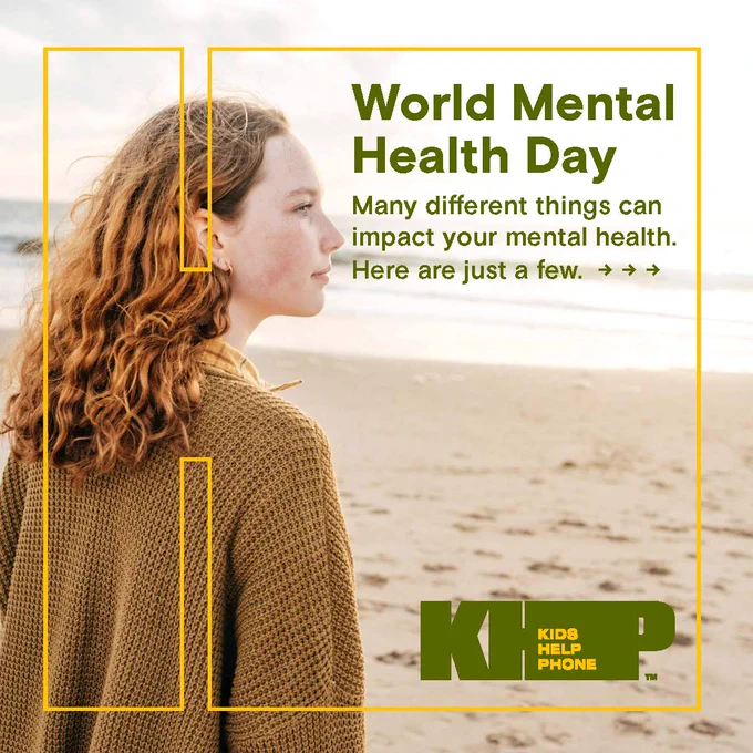Promotional image for World Mental Health Day featuring a person looking towards the sea on a beach, with text discussing the impact on mental health and the Kids Help Phone logo visible.