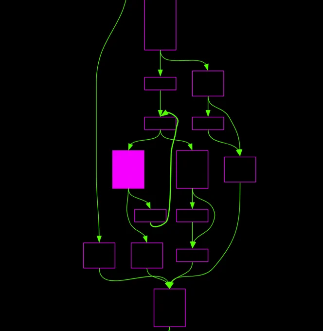 A flow-control-graph stylized in black, bright green, and fuchsia