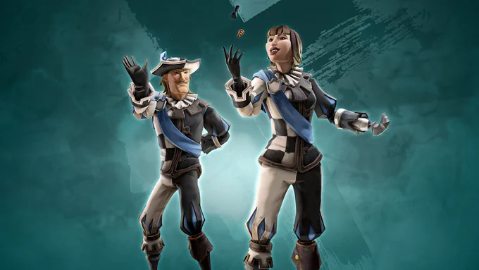 Promotional graphic for the Checkmate Clothing Set in Sea of Thieves showing two characters wearing black and white chequerboard outfits. 