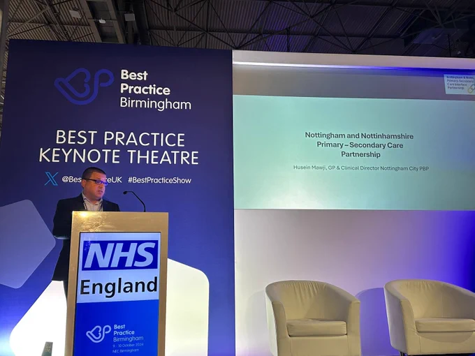 Dr Husein Mawji, GP & Clinical Director of Nottingham City PBP speaks at the Best Practice event in Birmingham on 10 October 2024.