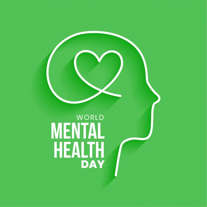 illustration of a stylized human head silhouette in white with a white heart-shaped loop on a green background says "World Mental Health Day"