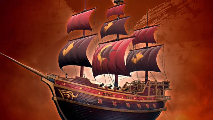 Promotional graphic for the Eclipse Set in Sea of Thieves showing a ship in various shades of red with a fire, sun and moon symbol embossed on the sails. 