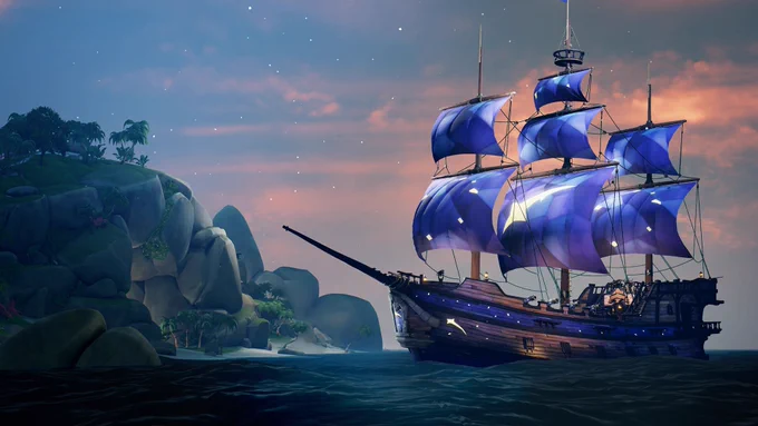 Screenshot of the Radiant Comet Ship Set in Sea of Thieves showing a ship with blue and purple sails covered in shooting stars. 