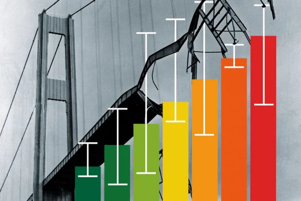 A bar graph is superimposed over a broken bridge