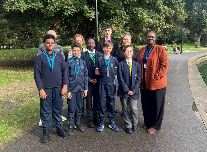 Picture of students from Ark Walworth Academy with Cllr Natasha Ennin in Burgess Park