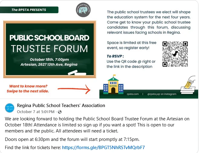 Graphic and information about Public School Board Trustee Forum on October 18, at 7 pm at the Artesian. Tickets are required available through link. 