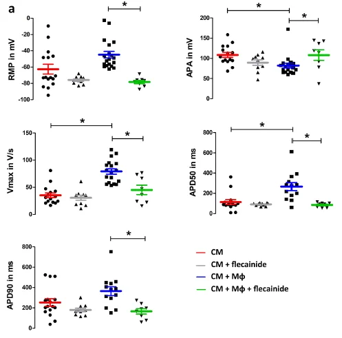 Macrophages enhance the effects of flecainide on cardiomyocytes. For electrophysiological analysis, patch-clamp of CMs in coculture conditions with macrophages were compared with a single suspension of CMs. (a) Co-culture experiments show a more positive RMP and a decrease in APA with an increase in Vmax and APD50. Application of flecainide does not significantly change the absolute values in CM alone. However, we can see the expected change as a trend towards a lower Vmax after the application of flecainide. In contrast, under co-culture conditions with macrophages significant changes can be observed upon flecainide treatment. Numbers of  individual experiments are indicated in the figure.