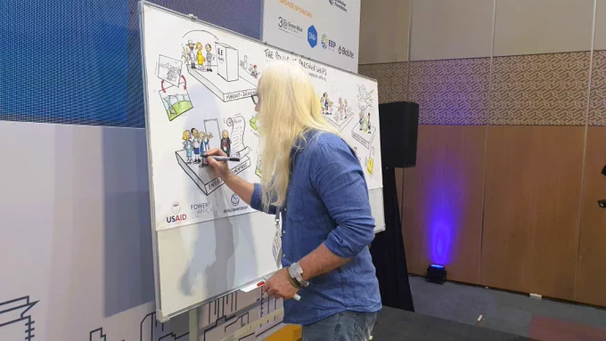 A man drawing in real time during a panel discussion on a large canvas.