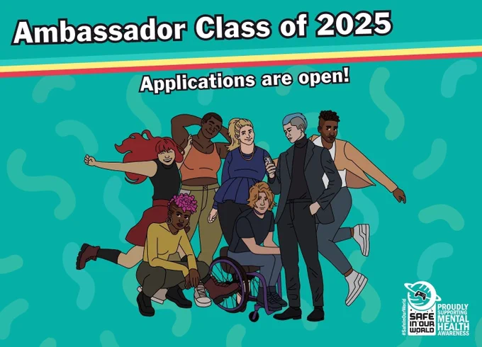 a group of Safe In Our World Characters standing/sitting/jumping together, with text above reading "Ambassador Class of 2025 - Applications are Open!"