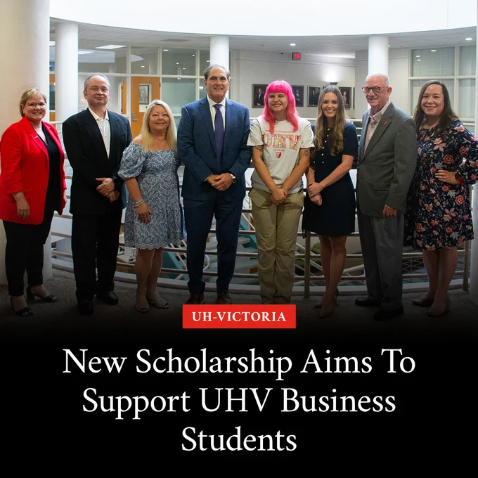 Graphic with a photo of UHV administrators and donors posing for a photo with text that says, “New Scholarship Aims To Support UHV Business Students.”