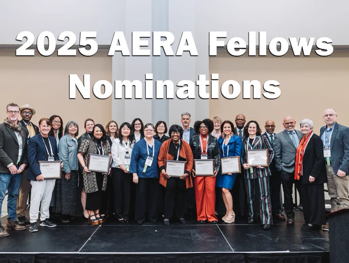A group of scholars stand in a group smiling at the camera. Text overlay reads "2025 AERA Fellows Nominations"