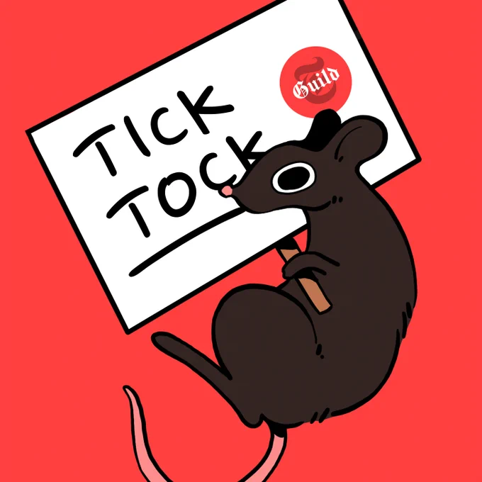 Illustration of rat holding a picket sign that reads "tick tock"