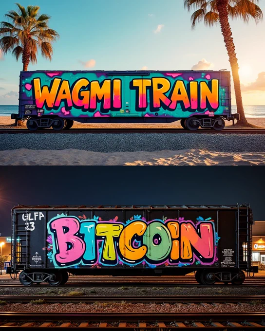 A pair of graffiti-covered train cars: the top one reads "WAGMI TRAIN" in bright colors, set against a peaceful beach sunset with palm trees, while the bottom train car says "BITCOIN" in bold, colorful letters, glowing under nighttime lights on a railway track