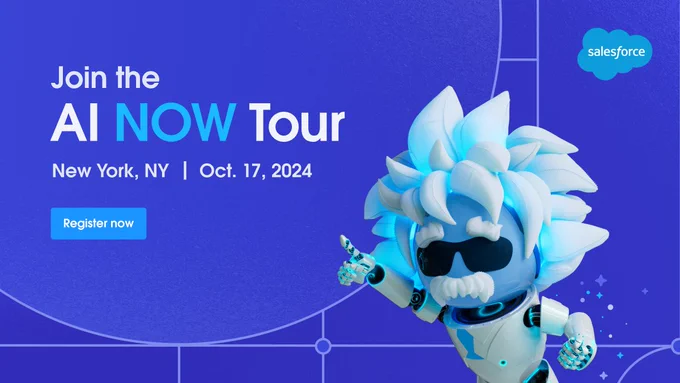 Promotional image for the Salesforce AI Now Tour on October 17, 2024, in New York, NY, featuring a stylized Einstein robot with blue features wearing sunglasses and headphones against a dark blue background. Text invites to register for the event.