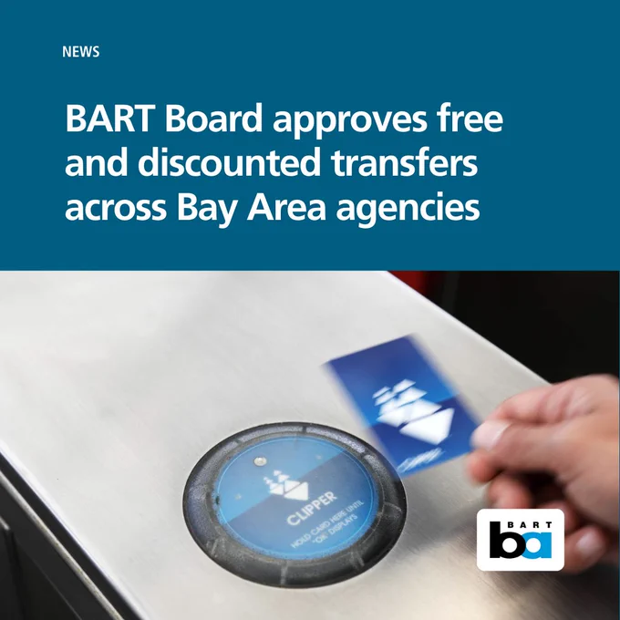 Text:

News: BART Board approves free and discounted transfers across Bay Area agencies

Image: A person tapping their Clipper card